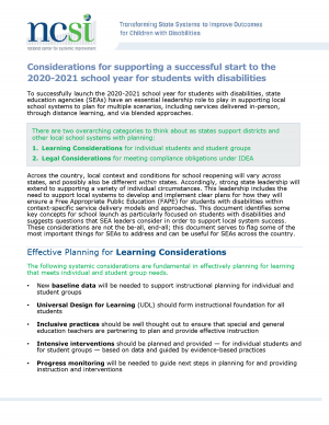 NCSI, Considerations for supporting a successful start to the 2020-2021 school year for students with disabilities