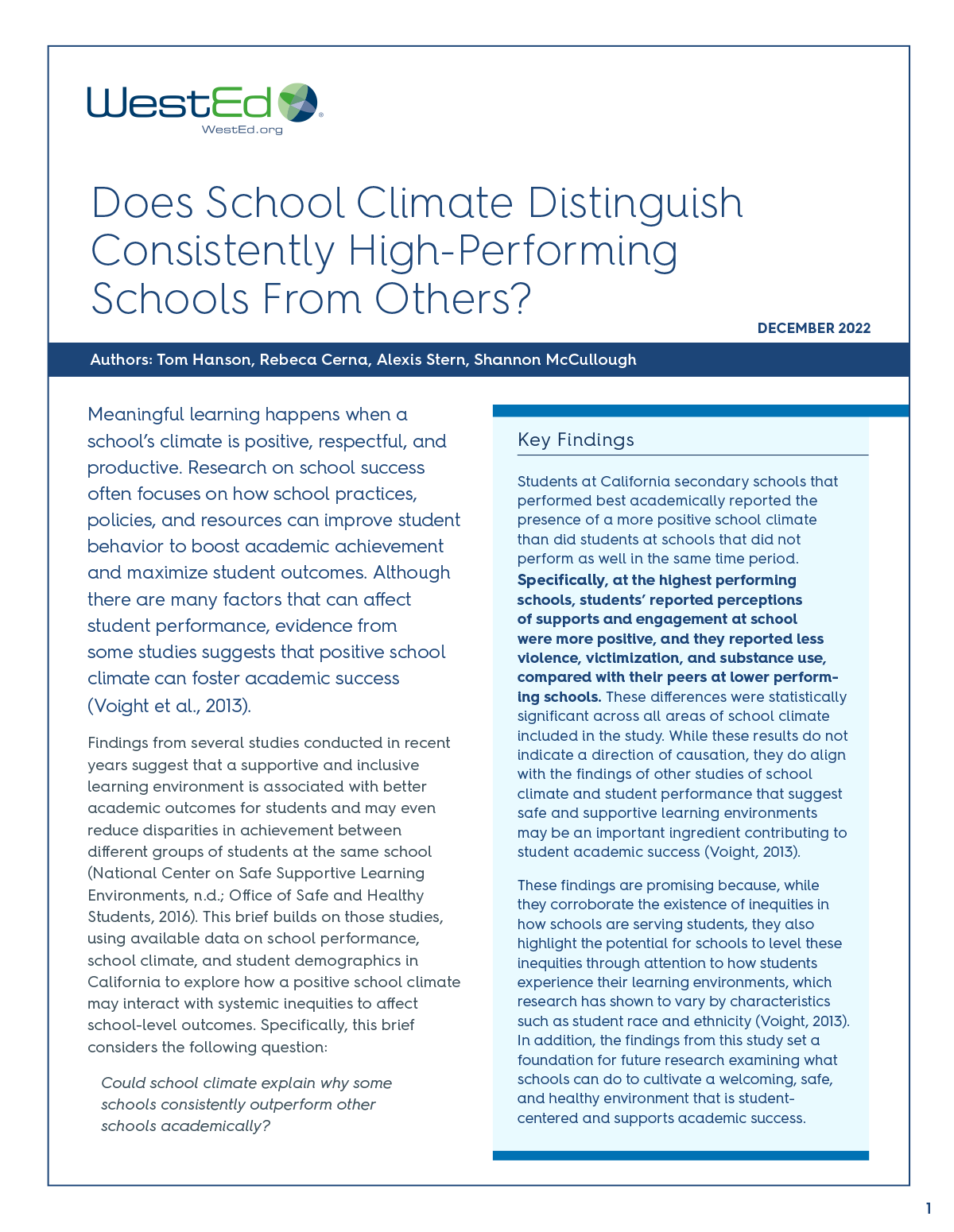 Does School Climate Distinguish Consistently High-Performing Schools From Others?